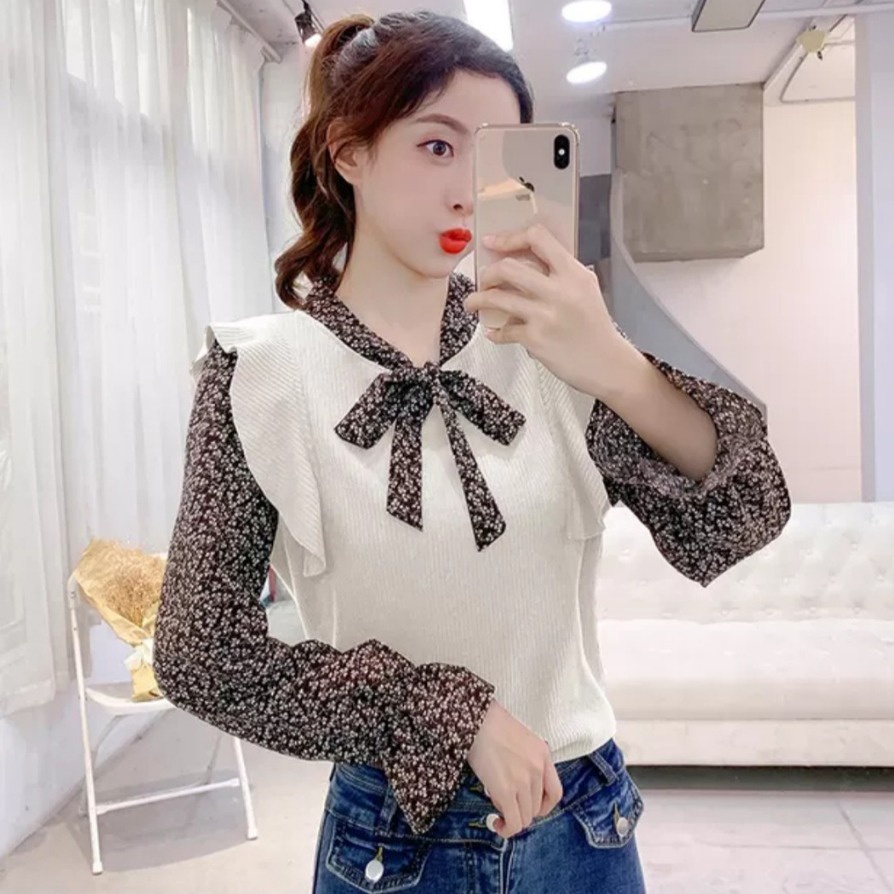 Belvy Tie Neck Knit Top | Belvy Combine Crop Top Wanita Korean Style