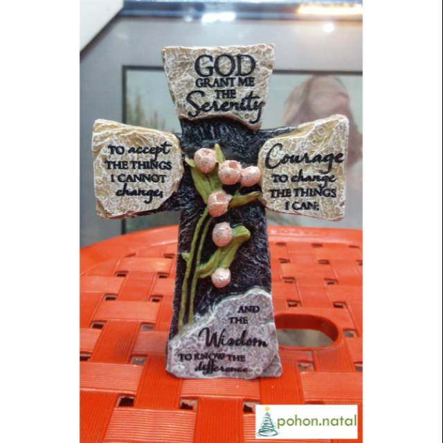 Salib Doa Serenity Prayer Tulip Resin Duduk Meja Dekorasi Rohani Hadiah Kado