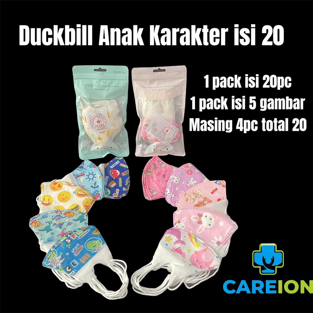 MASKER KARAKTER ANAK DUCK BILL CAREION isi 20pc MASKER DUCKBILL ANAK USIA 0-3THN /4-12THN (COWOK CEW