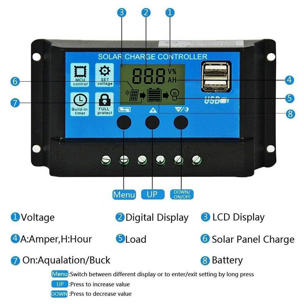 Solar Charge Controller LCD LED Display Solar PWM 12V/24V 10A 20A 30A 50A 60A USB Panel Surya Charge