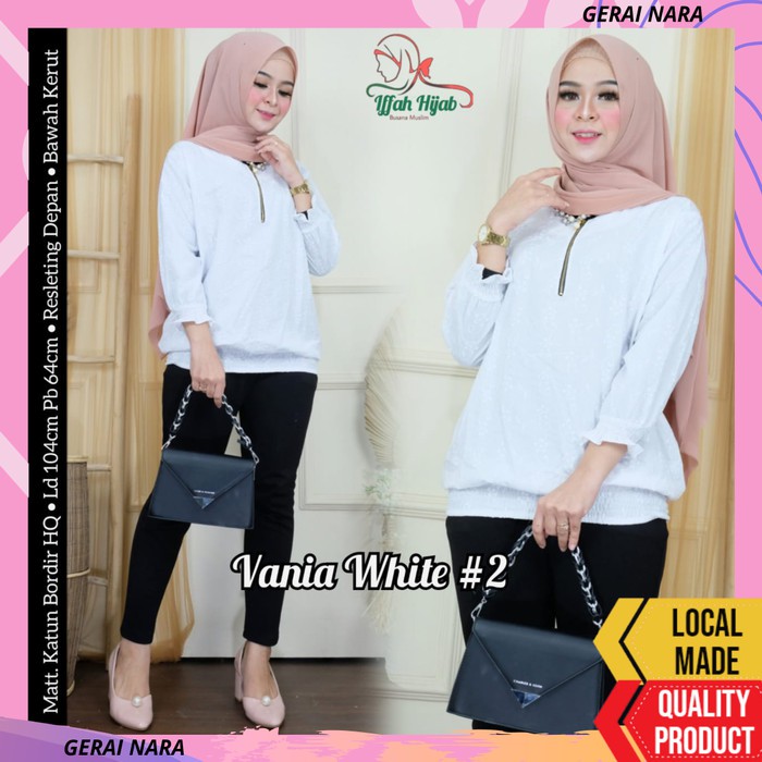 Baju Tunik Putih Terbaru Katun Bordir Bawah Kerut Vania Original Iffah