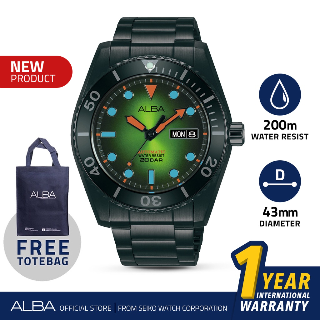 Alba Mechanical Tokyo Neon Jam Tangan Pria AL4285 / AL4285X1 Automatic Green Gradation Dial Stainles