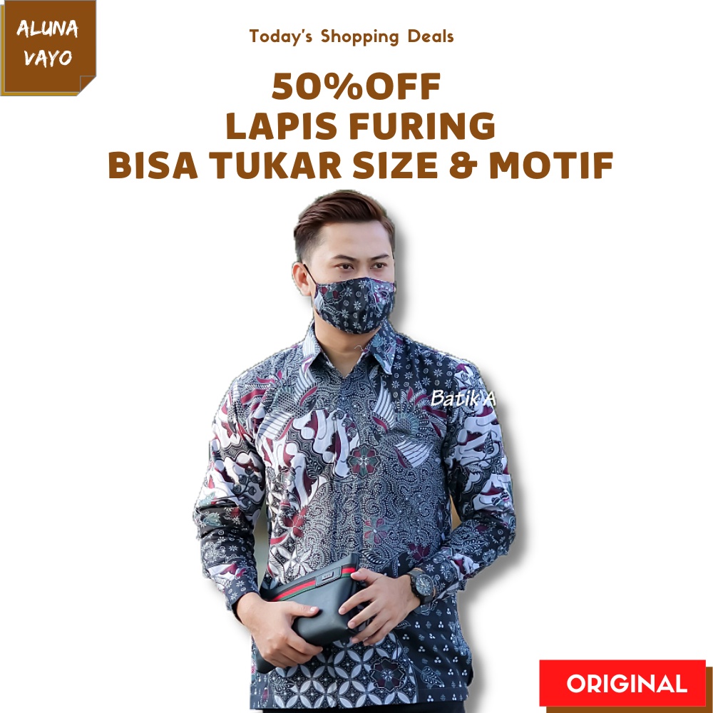 Baju Kemeja Kameja Atasan Hem Pakaian Batik Pria Lengan Panjang Kekinian Set Abu Aluna Ungu Original