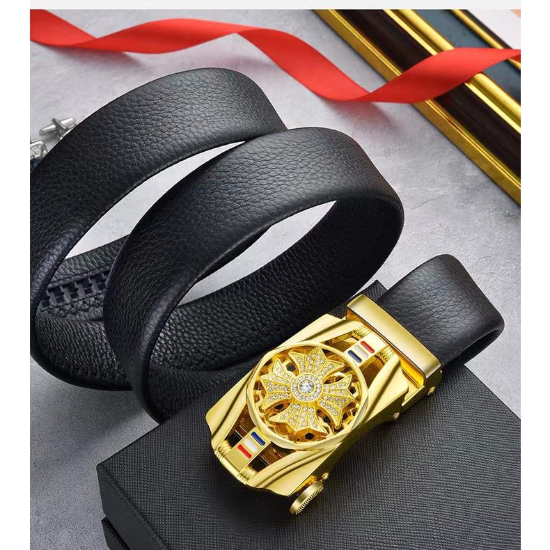 (Rowling )Ikat Ban Hitam Pinggang Import Pria Fashion Belt Gasper Cowo Sabuk Kulit Men Belt Diamond Berputar