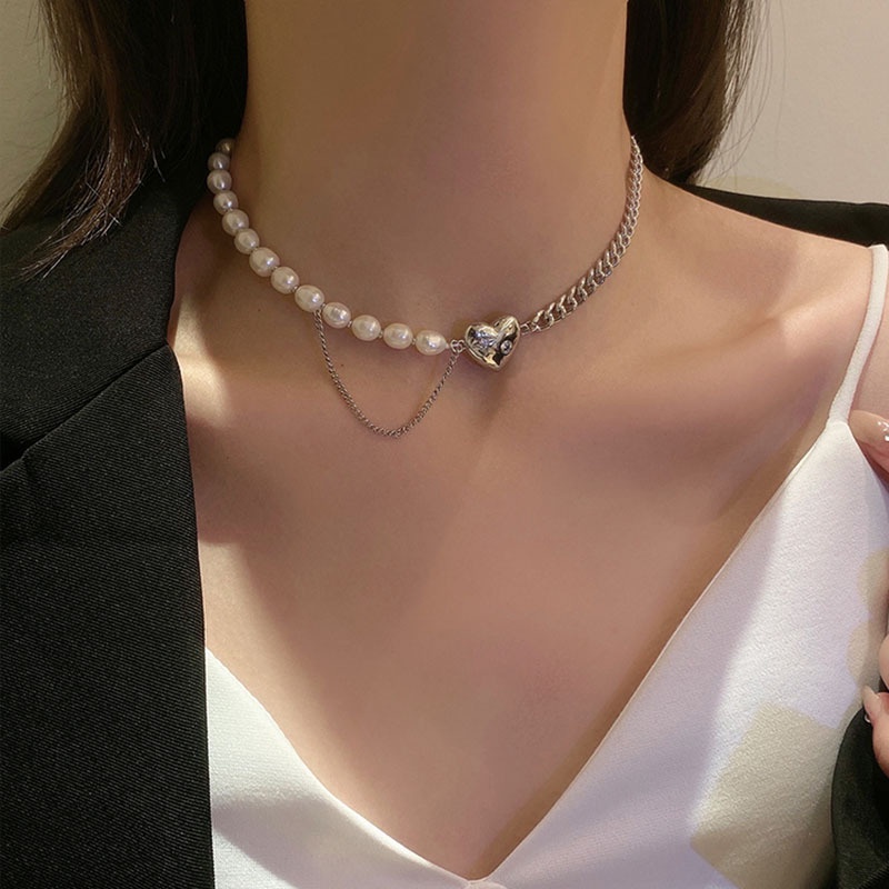 South Korea's New Natural Pearl Love Stitching Necklace Female Ins Trend Hip-hop Clavicle Chain Summer Light Luxury Niche Design Sense Simple Fashion Accessories Jewelry Gifts