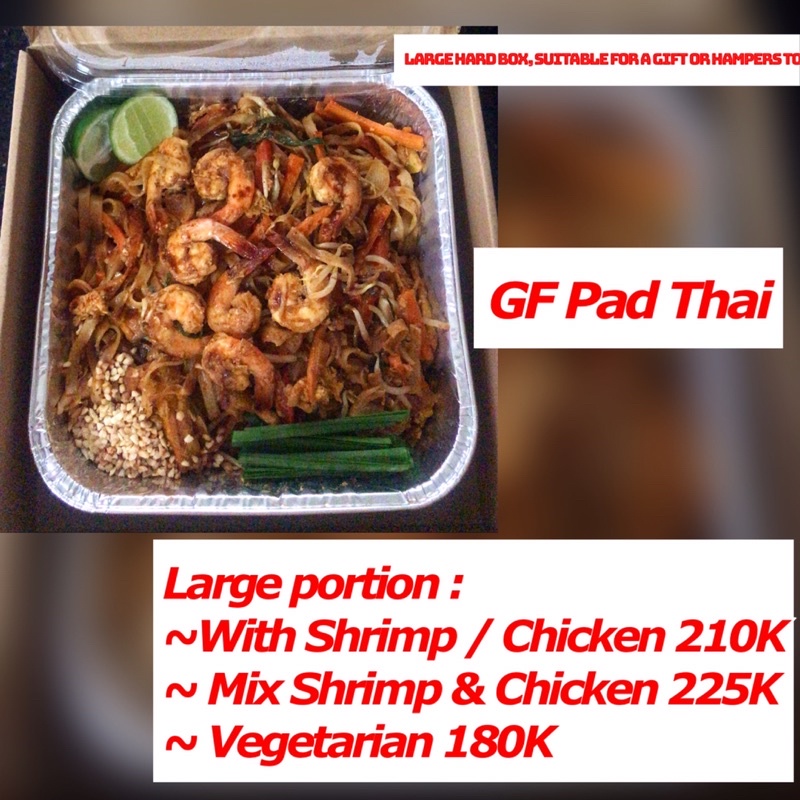 

Gluten Free Pad Thai with choice of protein: shrimp / chicken. Sharing Box