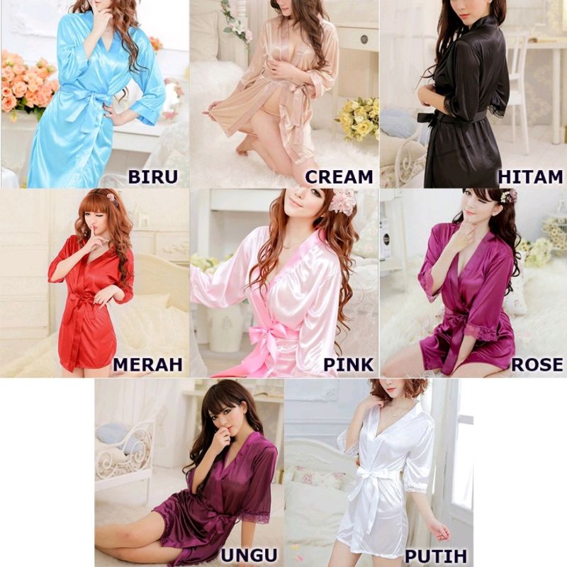 BAJU TIDUR SEXY KIMONO SET BAHAN SATIN IMPORT MURAH