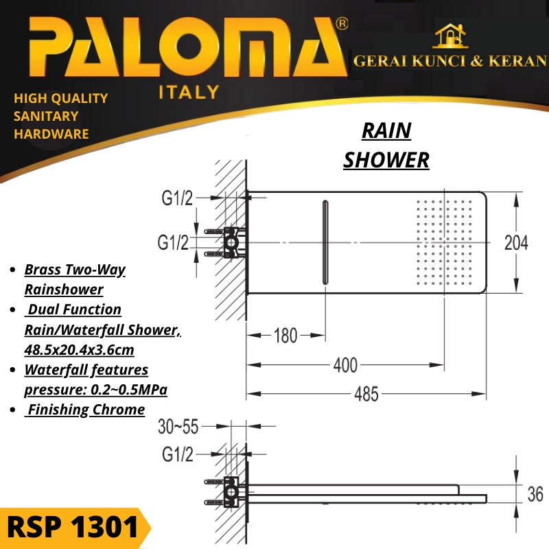 PALOMA RSP 1301 KEPALA RAIN SHOWER BRASS CHROME