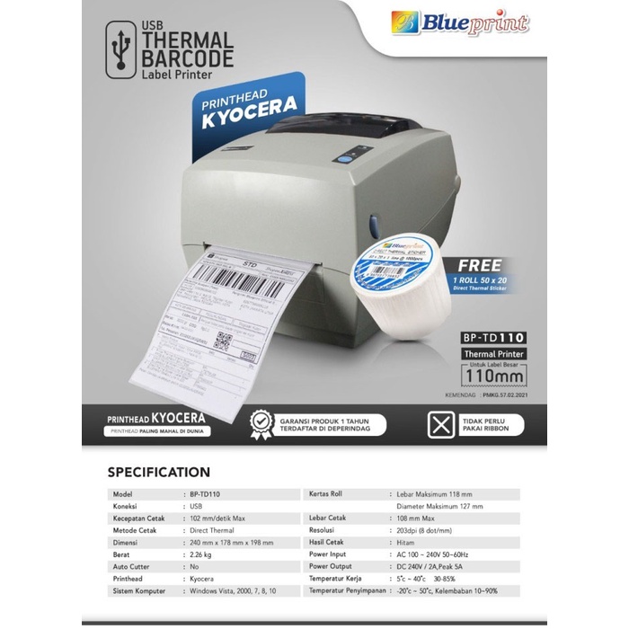 Blueprint Printer Thermal Barcode Label Resi A6 USB BP-TD110