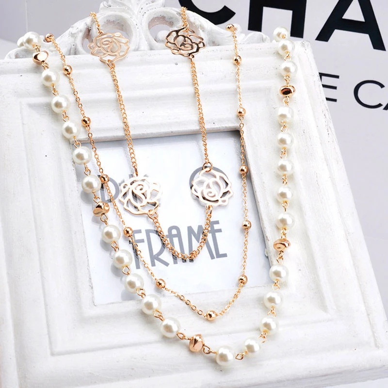 3pcs / Set Kalung Panjang Multilayer Aksen Mutiara Untuk Wanita