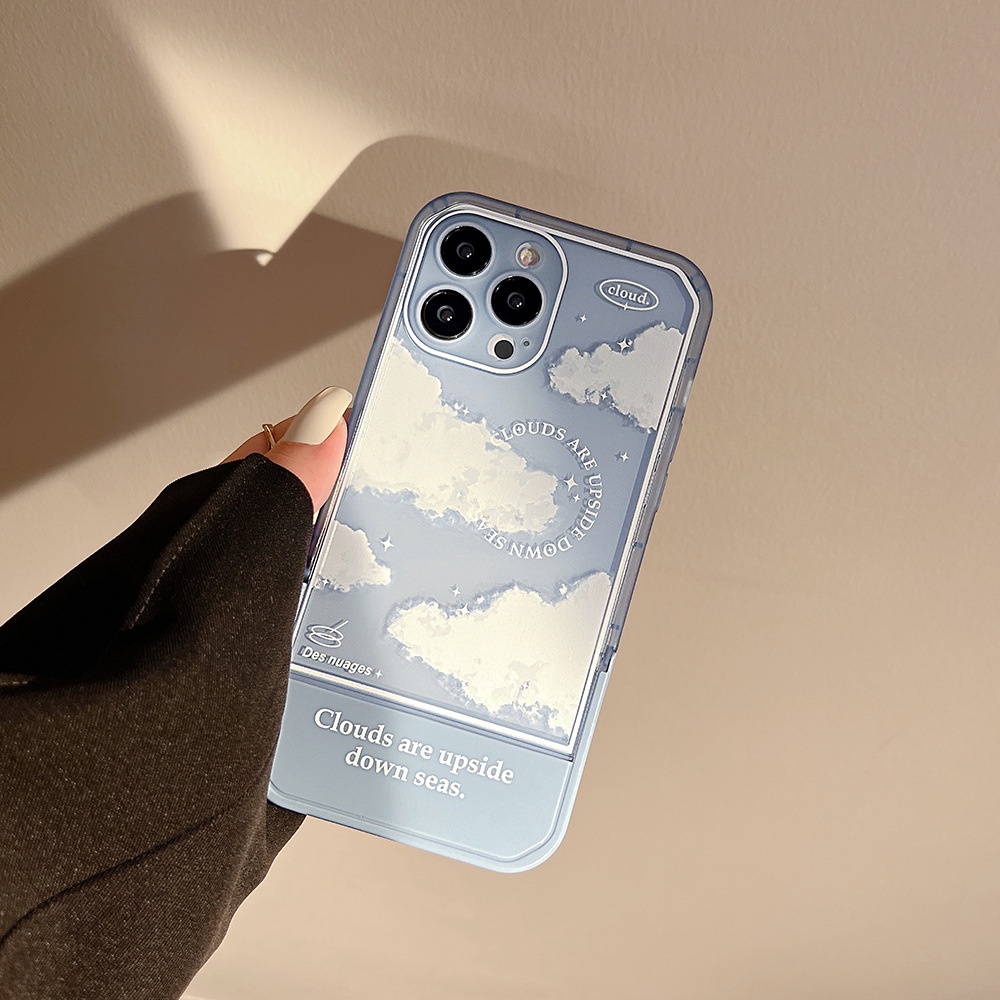 IPHONE Casing Transparan Warna Putih Awan Biru Dengan Penyangga Holder Untuk Iphone14 11 8 7 Plus SE2 XS XR 12 13 PRO MAX Casing Cover Pelindung At003