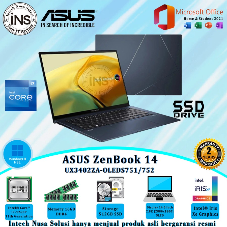 ASUS ZENBOOK 14 UX3402ZA-OLEDS751 i7-1260P 16GB 512GB SSD WIN11HSL OHS 21 2YR
