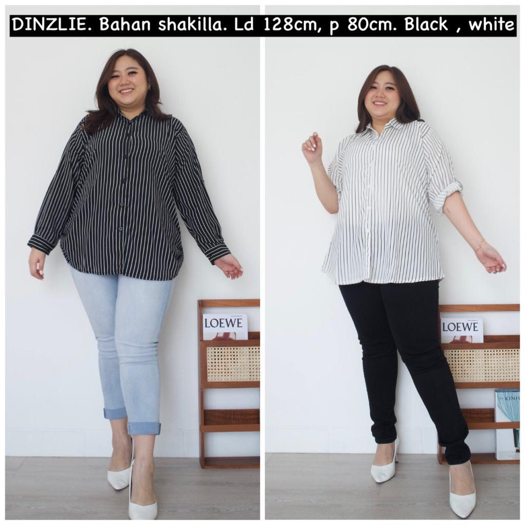 KEMEJA WANITA LENGAN PANJANG MOTIF SALUR BAHAN WOLFIS WARNA HITAM PUTIH JUMBO BIGSIZE XXXL