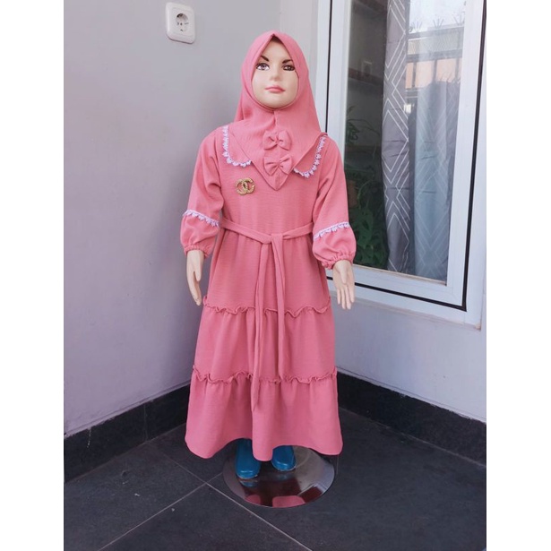 gamis anak crinckle polos set hijab