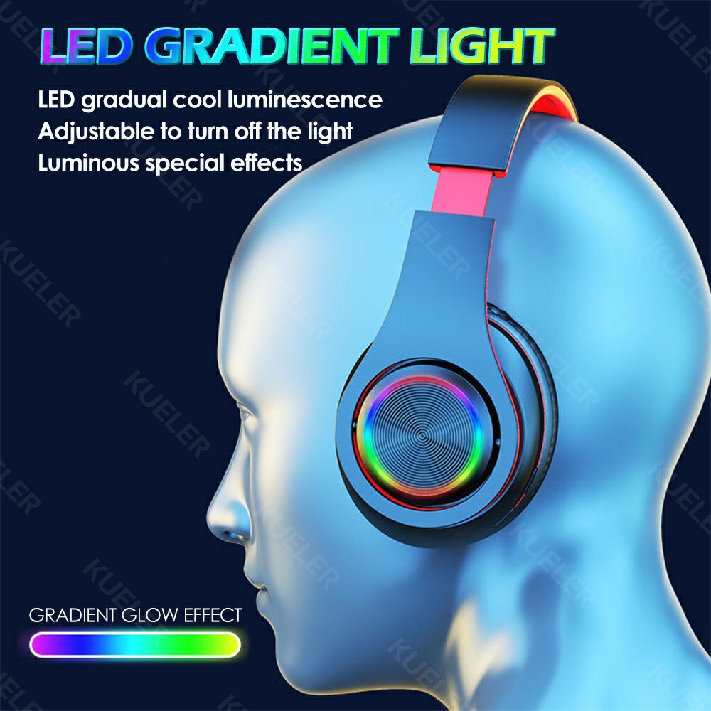 【COD】Lampu LED Warna-warni B39 Headset Bluetooth HiFi Stereo Headphone Bluetooth dengan Mikrofon Mendukung Panggilan HD Kartu SD Earphone