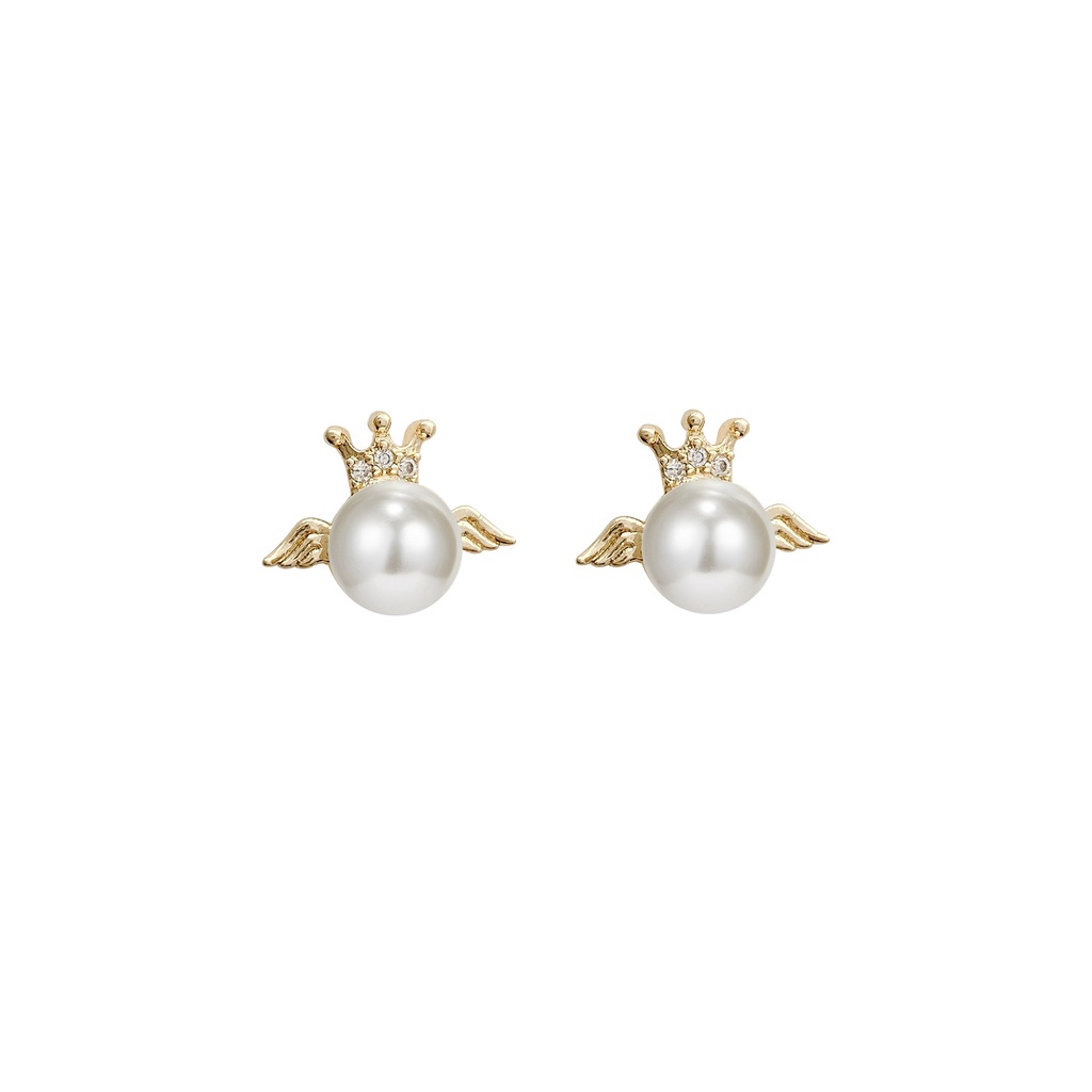 Shuling S925 Silver Needle Crown Wing Pearl Earrings Fashion Small Stud Earrings Female Super Fairy Jewelry Earrings