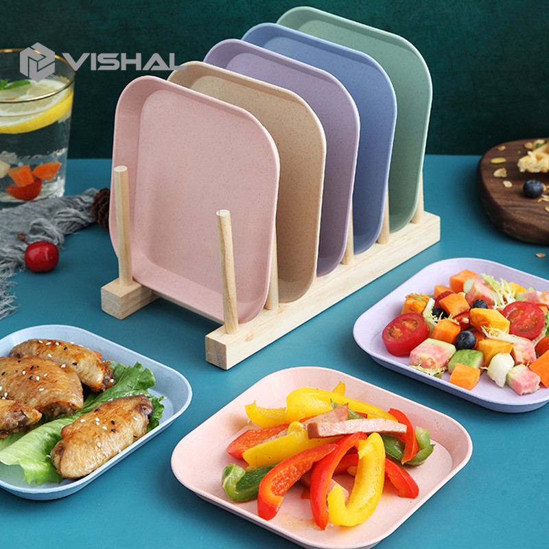 VISHAL Piring KECIL Makan Bentuk Kotak Wheat Straw Square Plate Warni Set 4 In 1 Square Plate Dinner