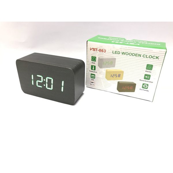 Jam Meja Digital Led Weker &amp; Digital Wood Alarm Clock 012 black green