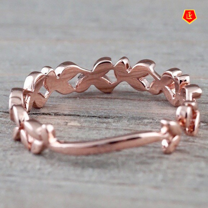 [Ready Stock]925 Silver Leaves Diamond-Studded Ring 18K Rose Gold