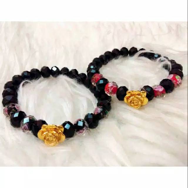 Gelang Manik Kristal Hitam Bunga Lampwork ( 4 bh )