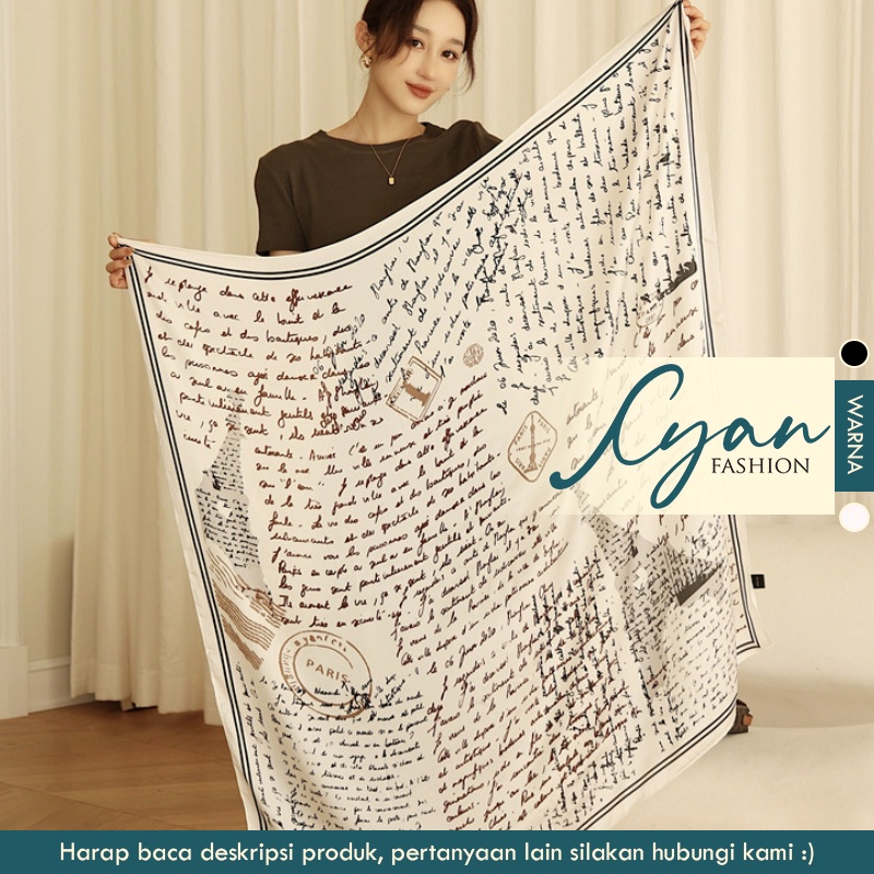 Scarf &quot;Emily&quot; 110 x 110 Motif Paris bahan Sutra Imitasi HIGH GRADE, Scarf Mewah