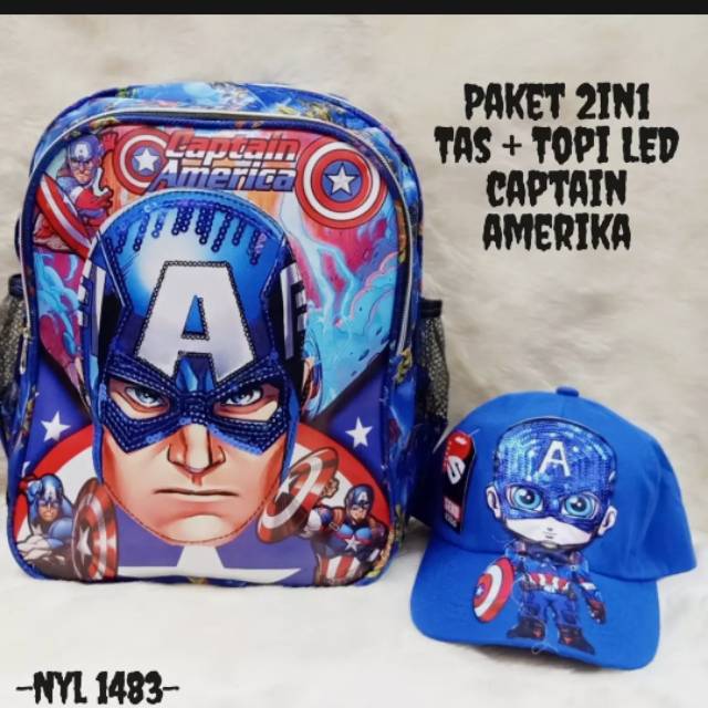 Tas ransel anak laki-laki karakter captain america 2in1- tas ransel led + topi led