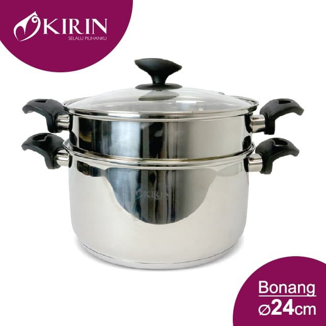 Kirin Bonang Series Dandang Steamer Pot Panci 24 Cm + Tutup Kaca - Silver