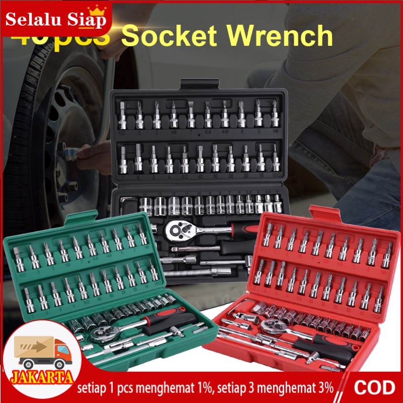 46 pc set socket  (1/4 &quot;) Full Lengkap Socket Tool Kit Pas Ring L Motor Mobil kunci shok set