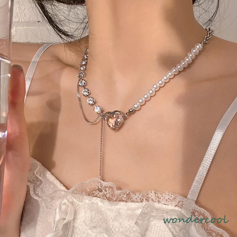 Mutiara Cinta Jahitan Kalung Wanita Desain Niche Manis Keren Ringan Mewah Rantai Tulang Selangka-Won