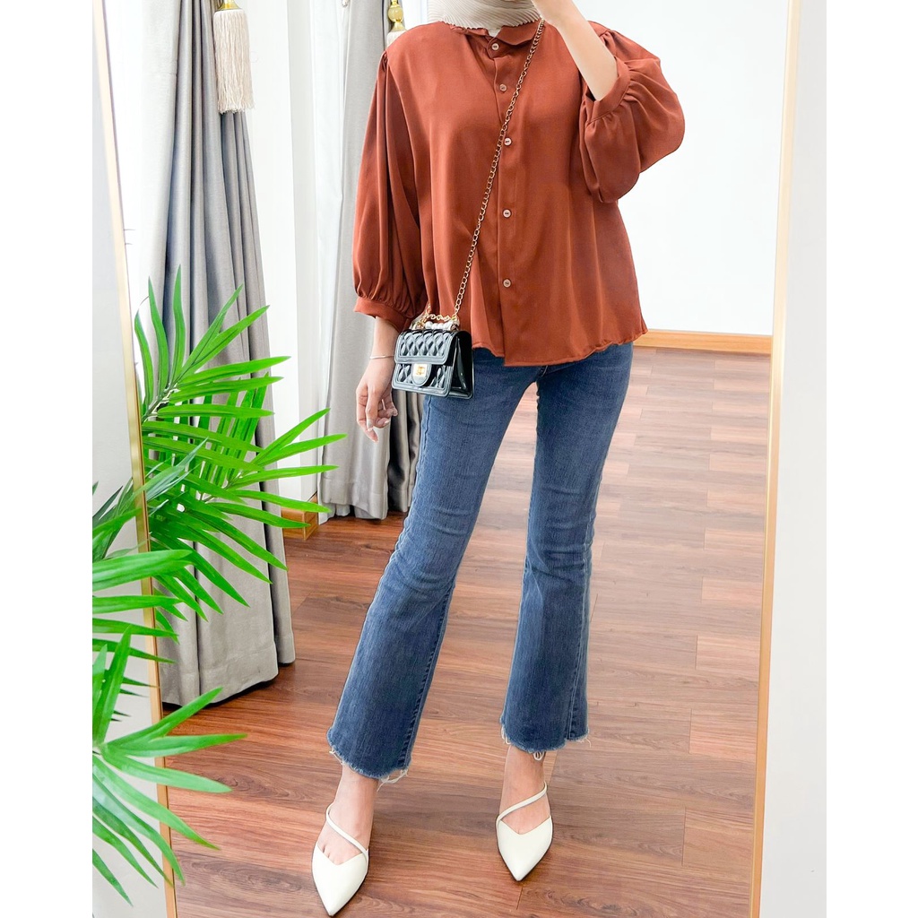 Elzan Blouse Shakilla Twill Full Kancing Depan Polos Basic Lengan Balon Baju Atasan Kerja KEMEJA WANITA POLOS CASUAL - TOP ATASAN KOREA