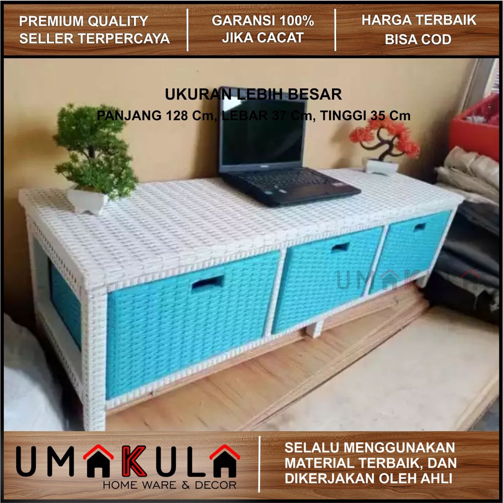 Buffet Bufet Meja TV Lemari Rak Rotan Sintetis 3 Laci Ruang Tamu Serbaguna Minimalis Murah Terbaru