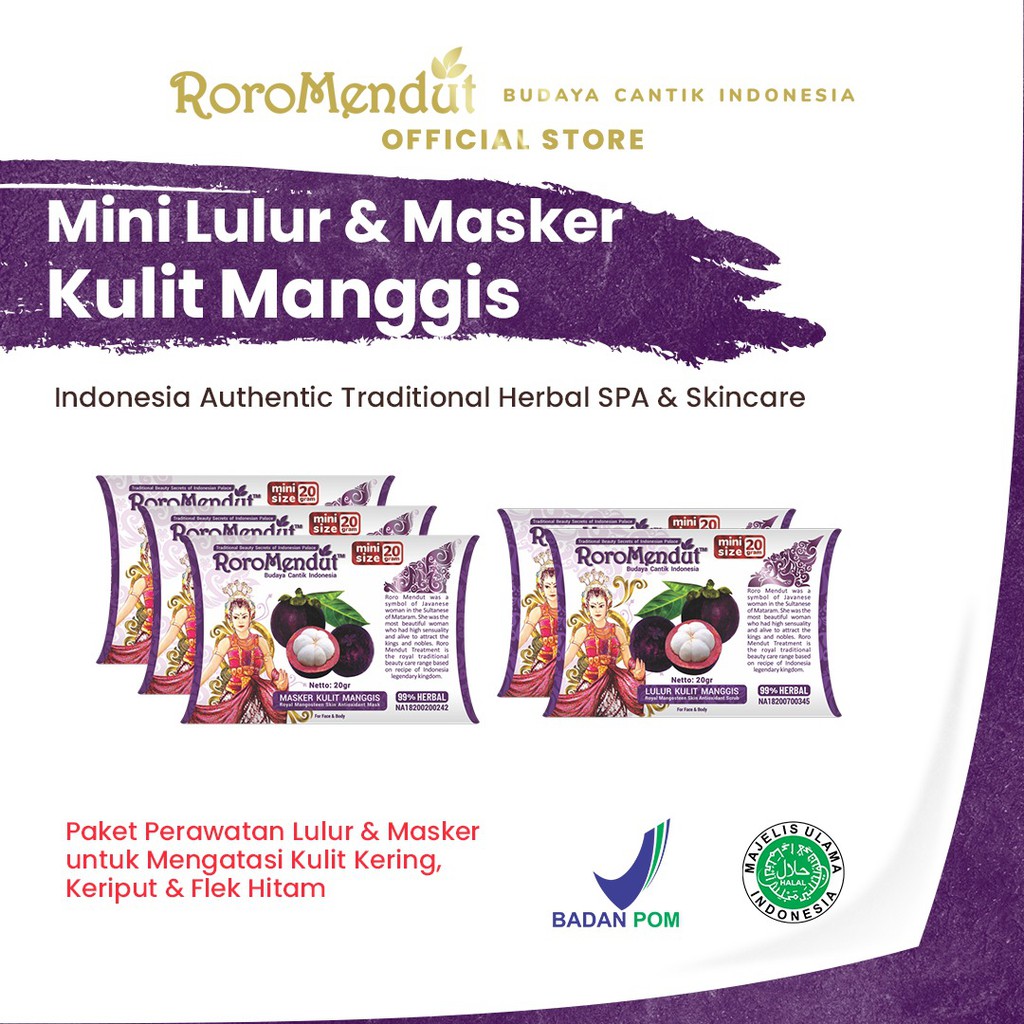 

Roro Mendut Paket Lulur dan Masker Kulit Manggis Mini SIze 20 gr (2 Lulur dan 3 Masker)