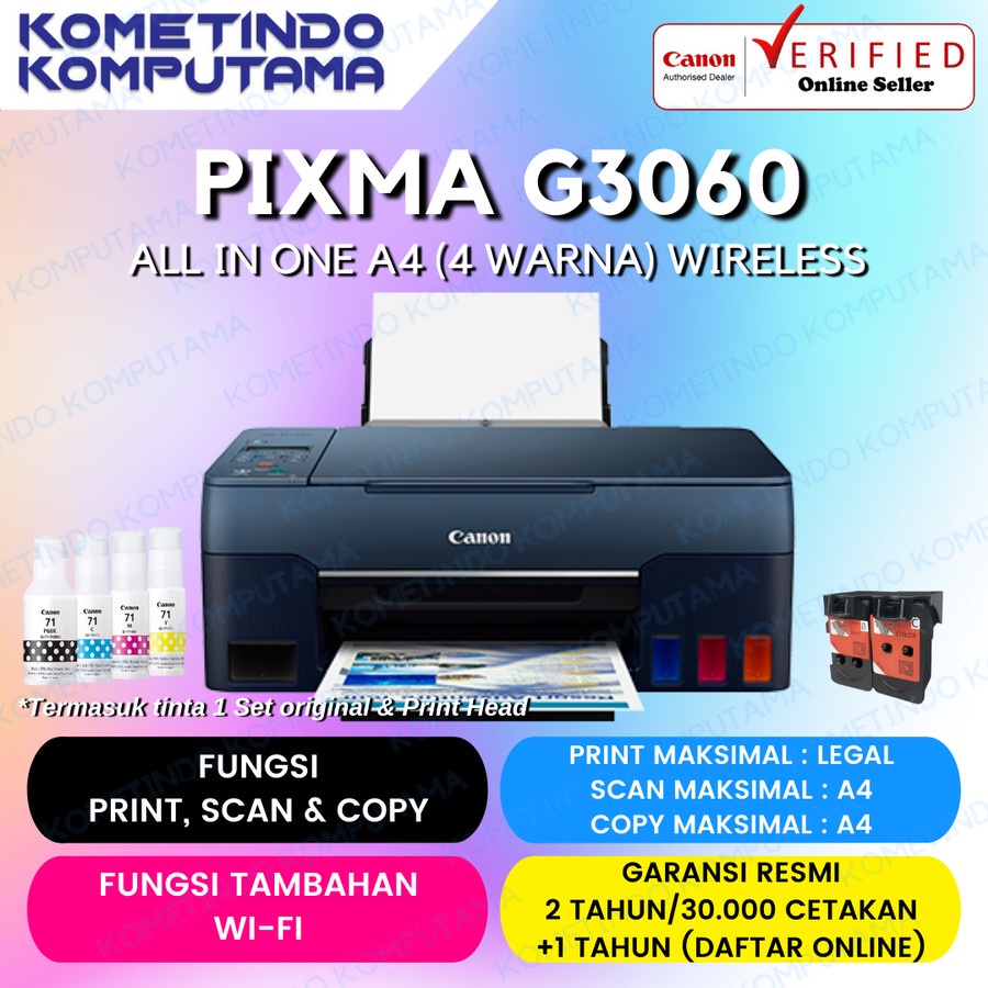 Printer Canon G3060 PIXMA G-3060 Print Scan Copy WiFi - TINTA ORIGINAL 100% GARANSI RESMI G 3060 GI-71 / BH70 / CH70 / MC-G02  - Ink Tank Infus