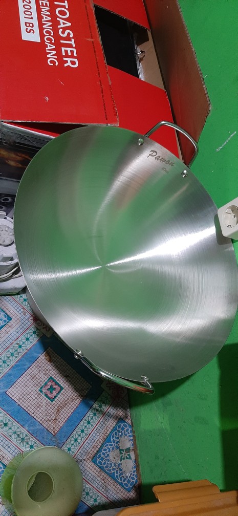 40cm Wok Kuali Wajan Stainless Steel Kupingan / Double Handle Free Spatula Kayu