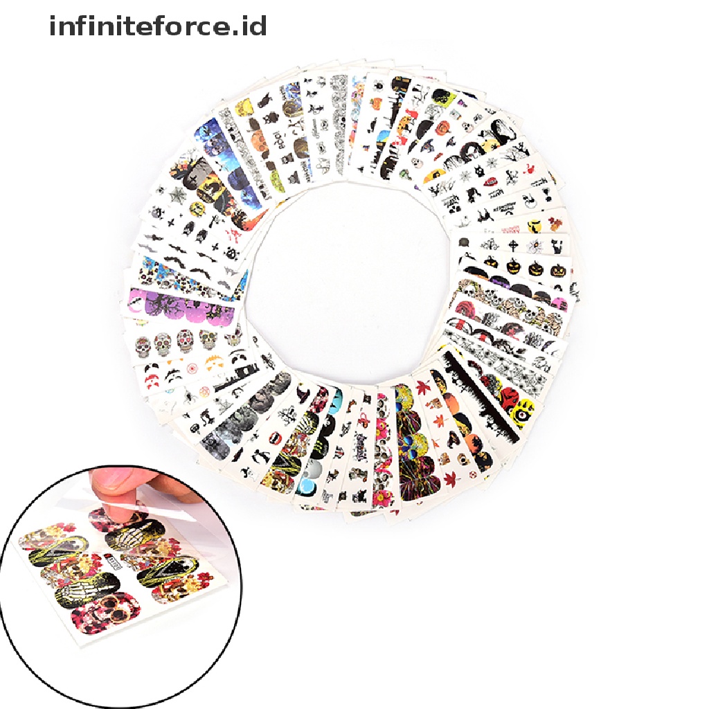 48x Stiker Kuku Desain Tengkorak Halloween Untuk Dekorasi Manicure