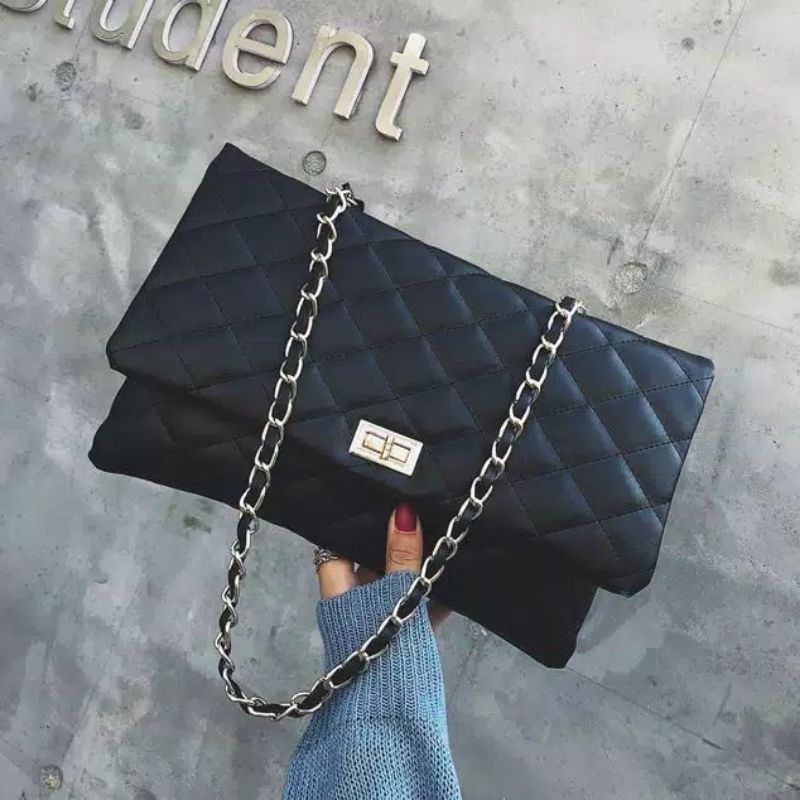 Tas wanita rantai/tas selempang hitam/tas impor/tas kulit