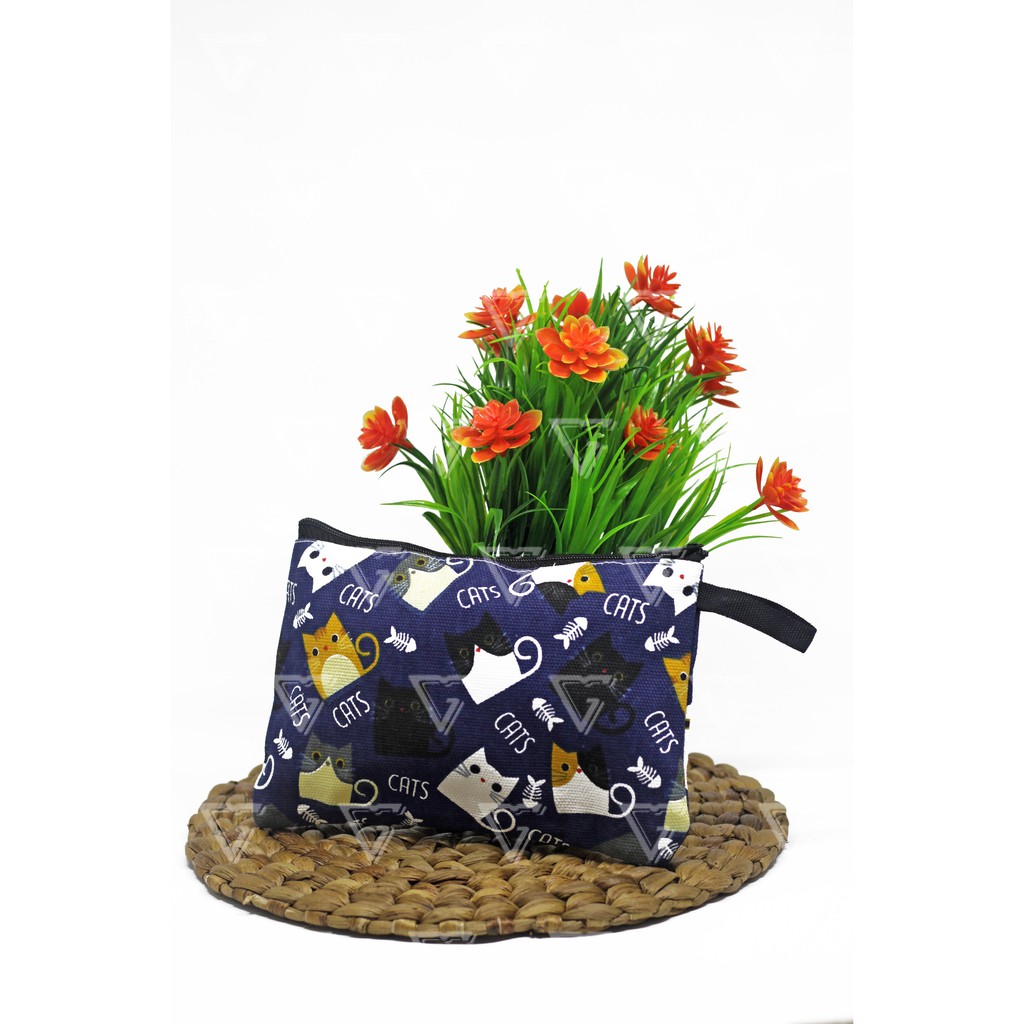 Pouch Kosmetik Souvenir Dompet kanvas Murah uk 20 x 13 Kanvas Motif Kucing navy