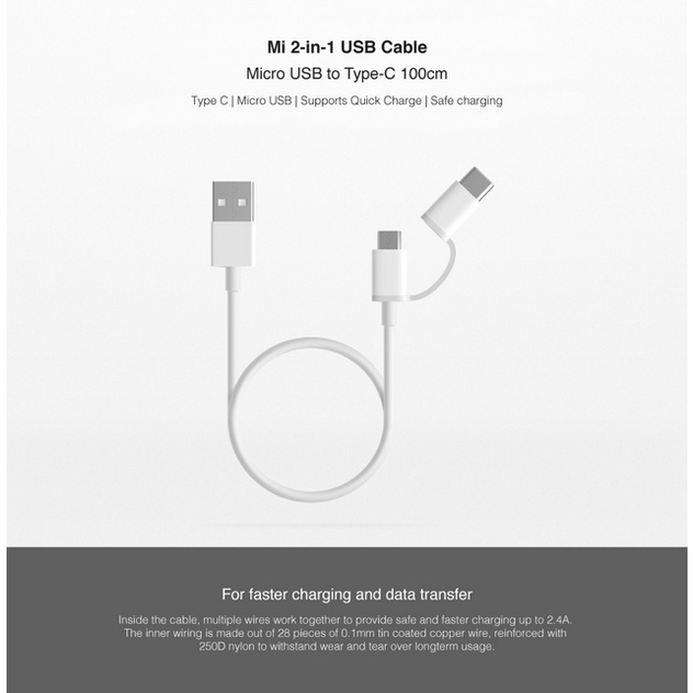 Mi 2in1 USB Cable Micro USB to Type-C 30/100cm