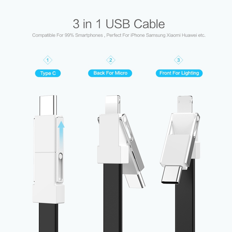 3in1 Kabel Data / Charger Micro USB + Tipe C Fast Charging Mini untuk iPhone / Android