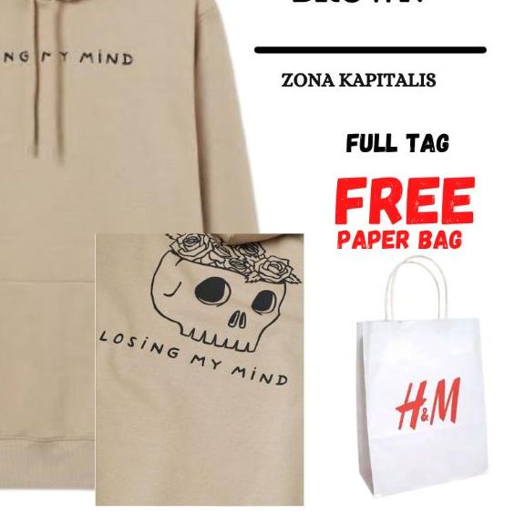 ✵ (5.5) Hoodie H&M Losing My Mind Coklat Brown FREE PAPER BAG Full Tag Jaket Sweater Pria Wanita ➧