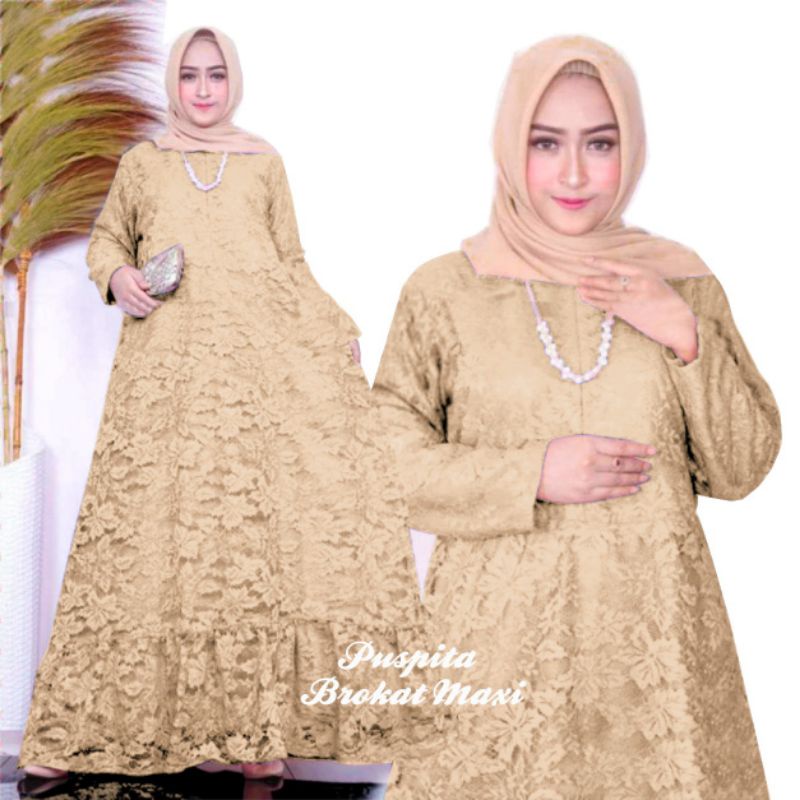 ELDE 5 - Puspita maxi JUMBO dress gamis brukat termurah L XL 3XL 5XL lapis furing seleting depan pinggang blkg karet