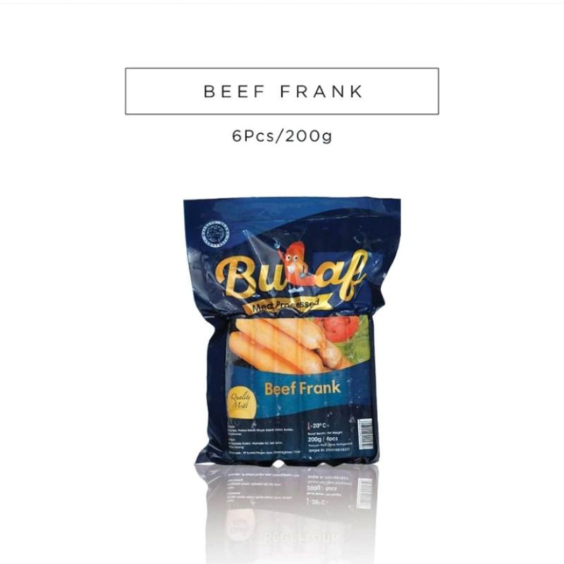 

Bulaf Sausage Beef Frank 200 gr ( 6 pcs ) / Sosis Sapi Bulaf ( Non MSG dan Pengawet )