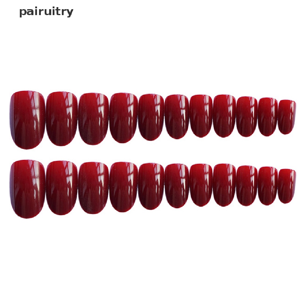 24pcs Kuku Palsu Kepala Bulat Warna Red wine Dengan Lem Untuk Dekorasi Manicure