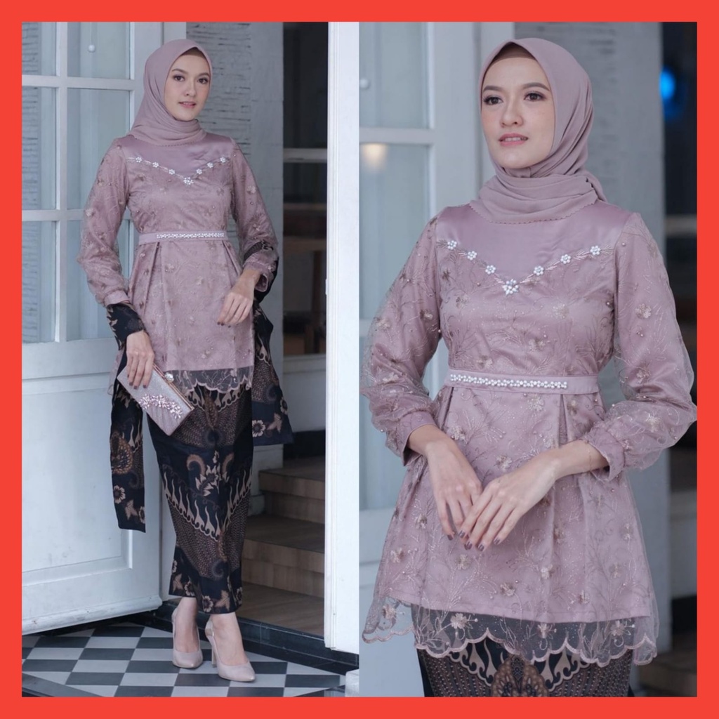 READY outfit baju kebaya kondangan premium / Set kebaya brokat wisuda kekinian / Set kebaya Dina nude /kebaya lamaran terbaru