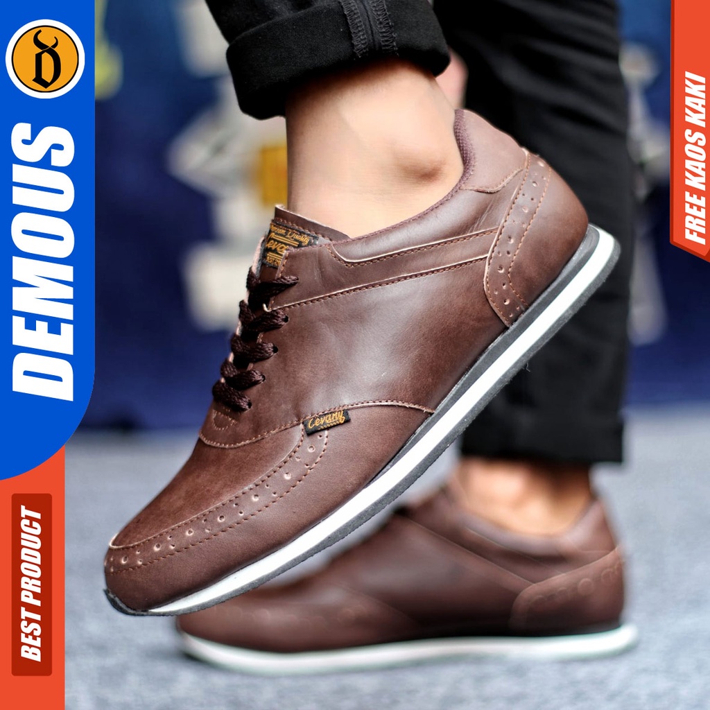 Sepatu Sneakers Kasual Pria Kulit Asli Hitam Demous Erza