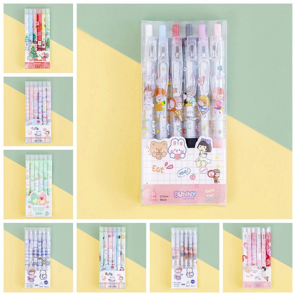 Populer 6Pcs/Set Gel Pen Sekolah Siswa Lucu Stationary Cepat Kering Hitam