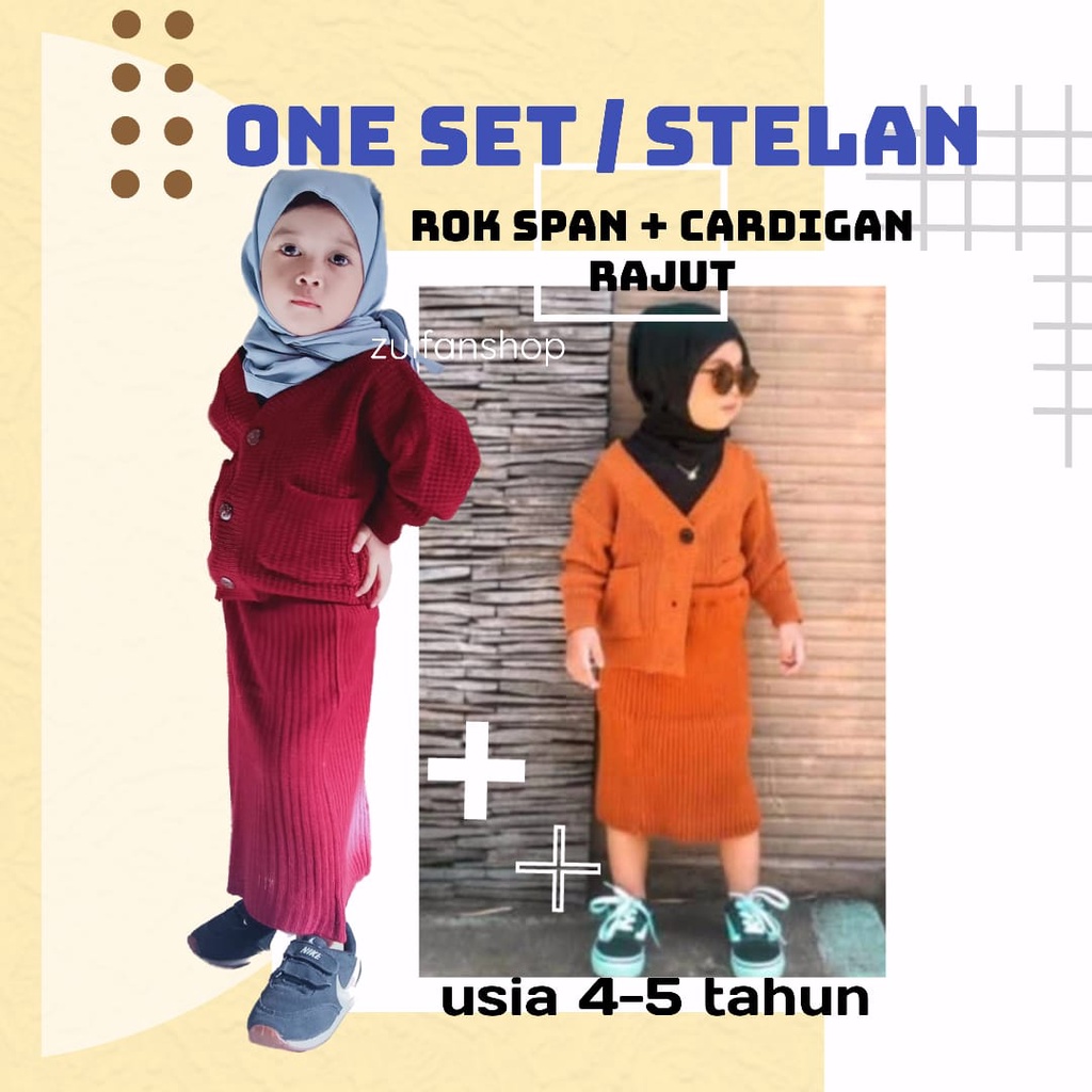 Setelan Rajut Anak Perempuan Cardigan dan Rok Span Usia 4 - 5 tahun One Set OOTD Atasan Bawahan