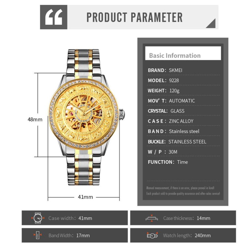 Jam SKMEI 9228 Diamond Luxury Automatic Watch Men Retro Hollow Mechanical Mens Watches Luminous