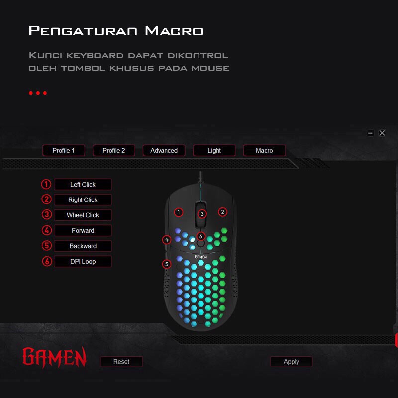 GAMEN GM710 6400 DPI Macro Ultralight Gaming Mouse 72 gram Black-Garansi 1 Tahun