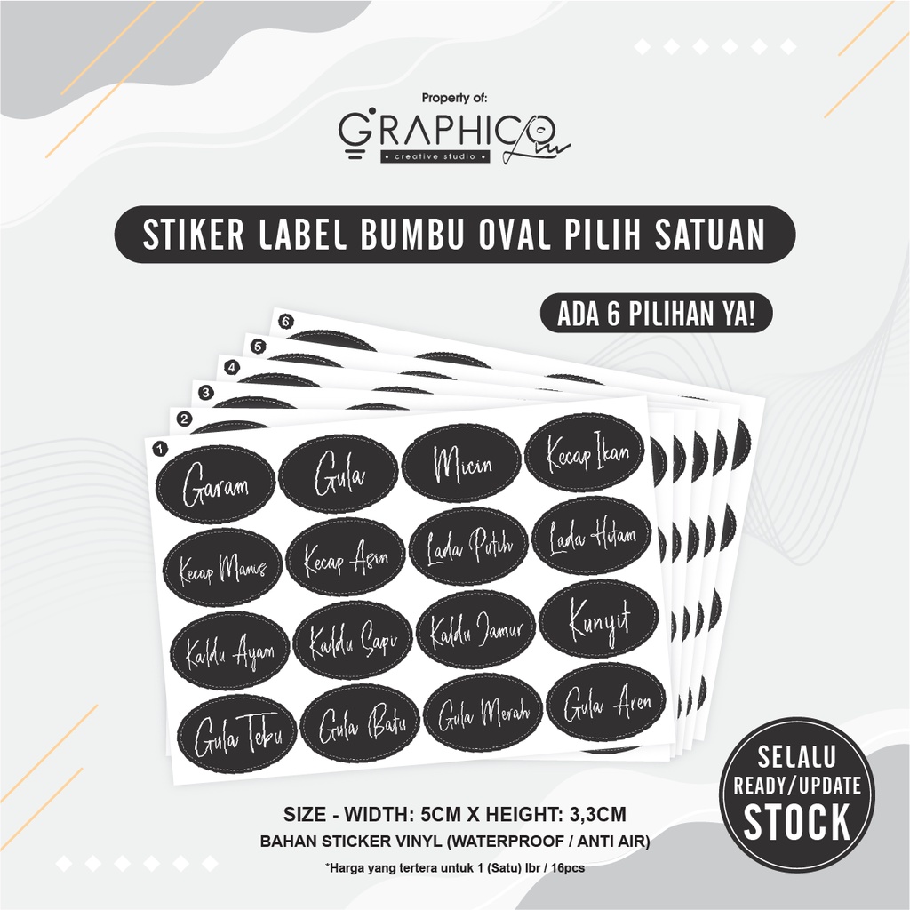 

Stiker Eceran (Min. order 2lbr) Bumbu Dapur Oval - Isi 16pcs-Vinyl (5x3,3cm)